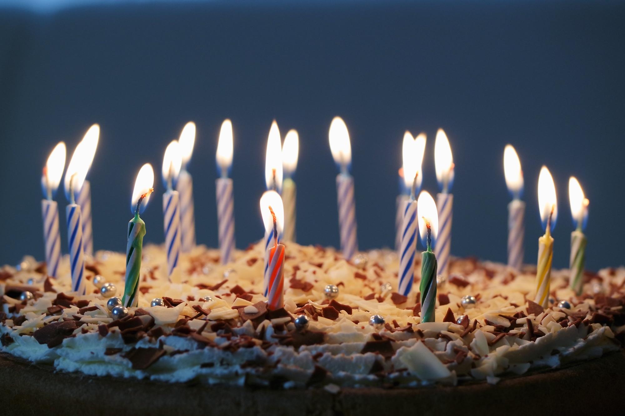 Colorful birthday candles on the birthday cake